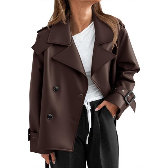 Womens Dark brown Leather Oversized Button Down Motorcycle Jacket - Picture 1 of 6